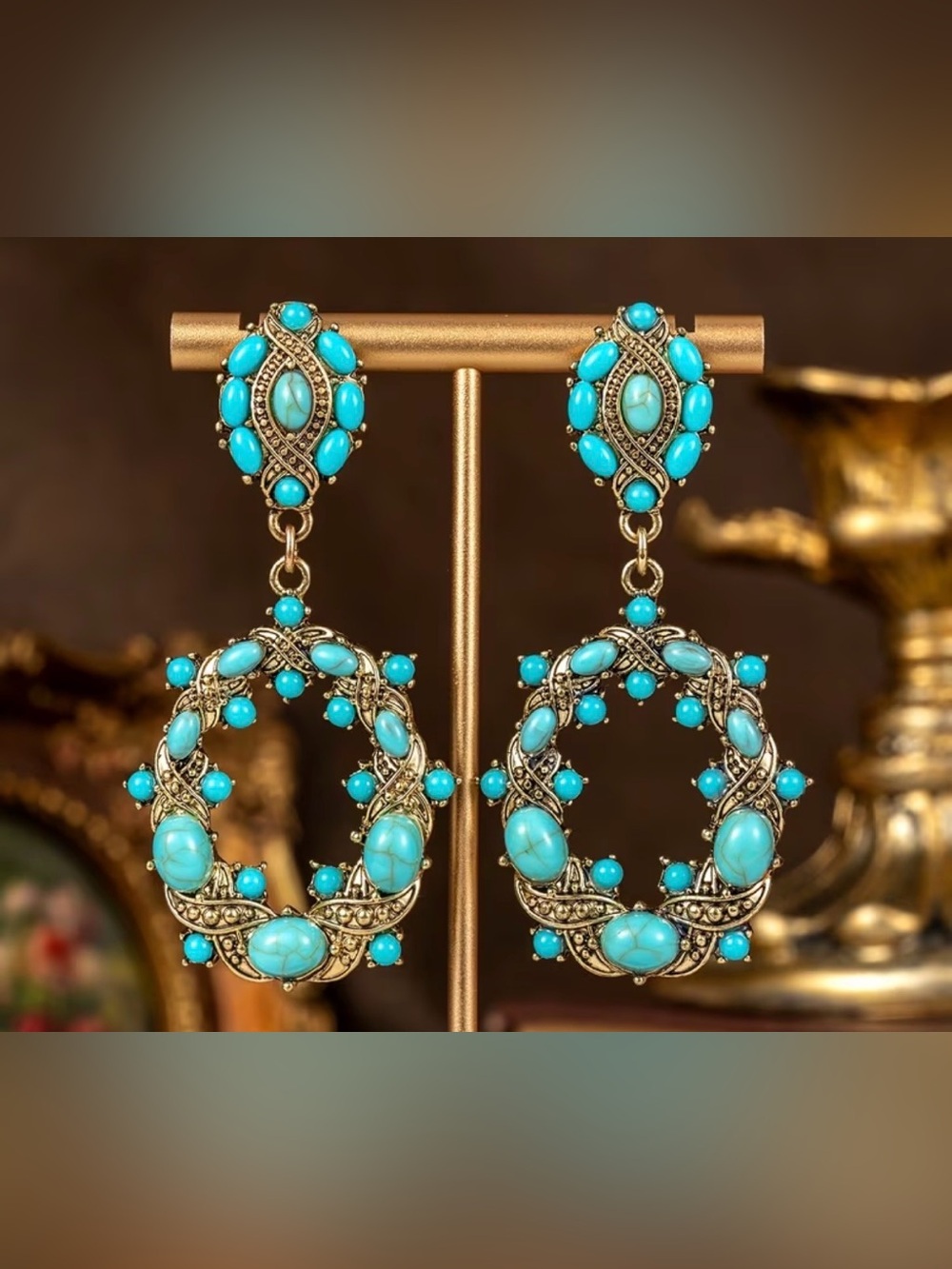Turquoise Stone Drop Earrings - Turquoise Blue Gold-Tone Women Jewelry